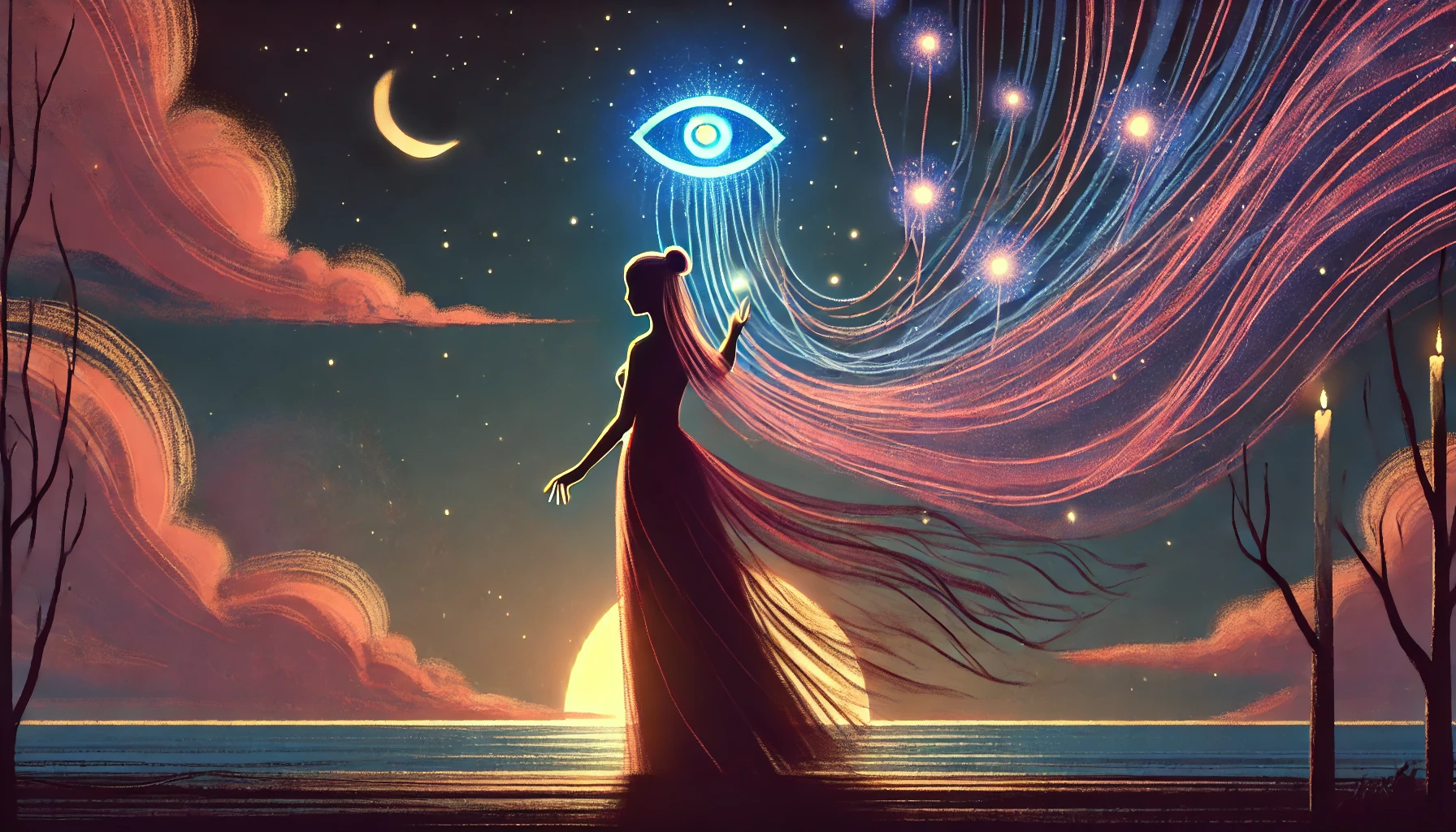 夕暮れ空の下、三つ目の少女が記憶の糸に手を伸ばす幻想的なシルエットイラスト。記憶操作を象徴する魔法的な演出が描かれている。