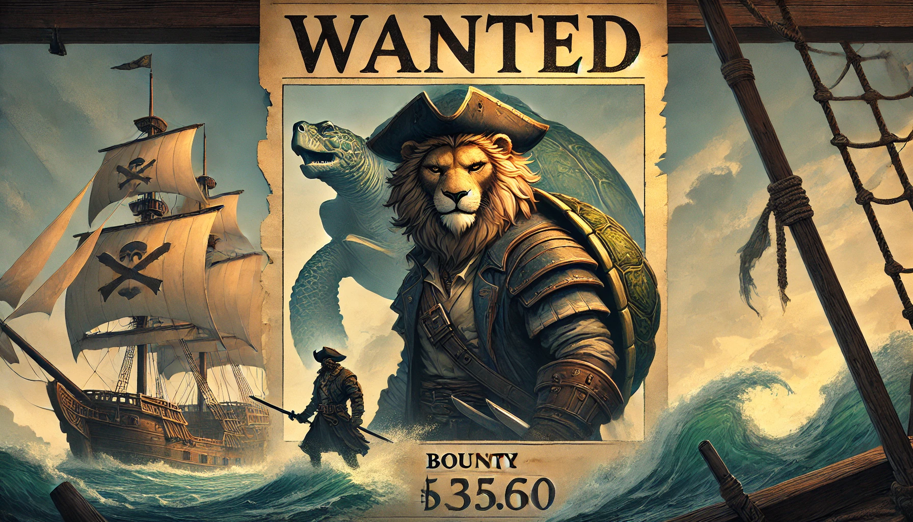 戦闘態勢のライオン型海賊が波と海賊船を背に立つ構図。高額懸賞金を象徴する迫力あるシーン。