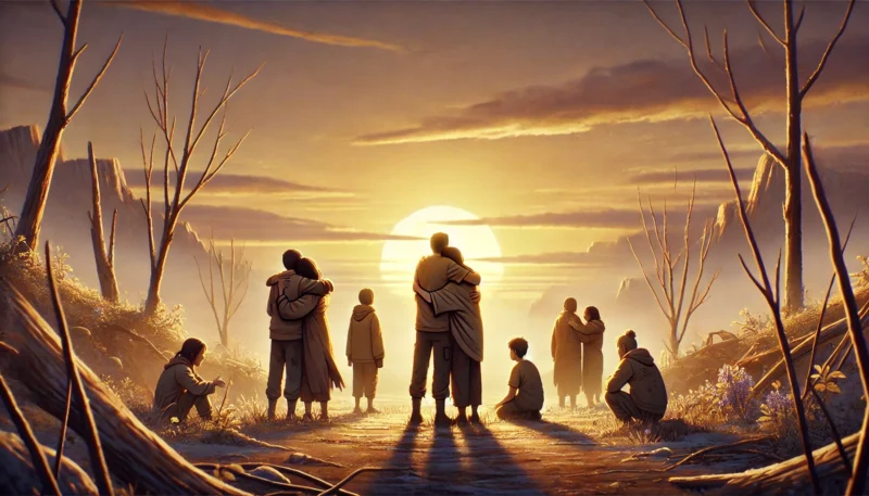 朝焼けの中、疲れた表情で肩を寄せ合う仲間たちの再会シーン