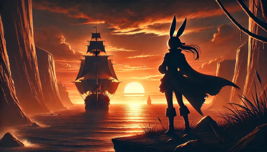 夕陽に染まる海を背景に、旅立つ船を見送るウサギ耳の少女のシルエット。感傷的な別れの瞬間を象徴する構図。