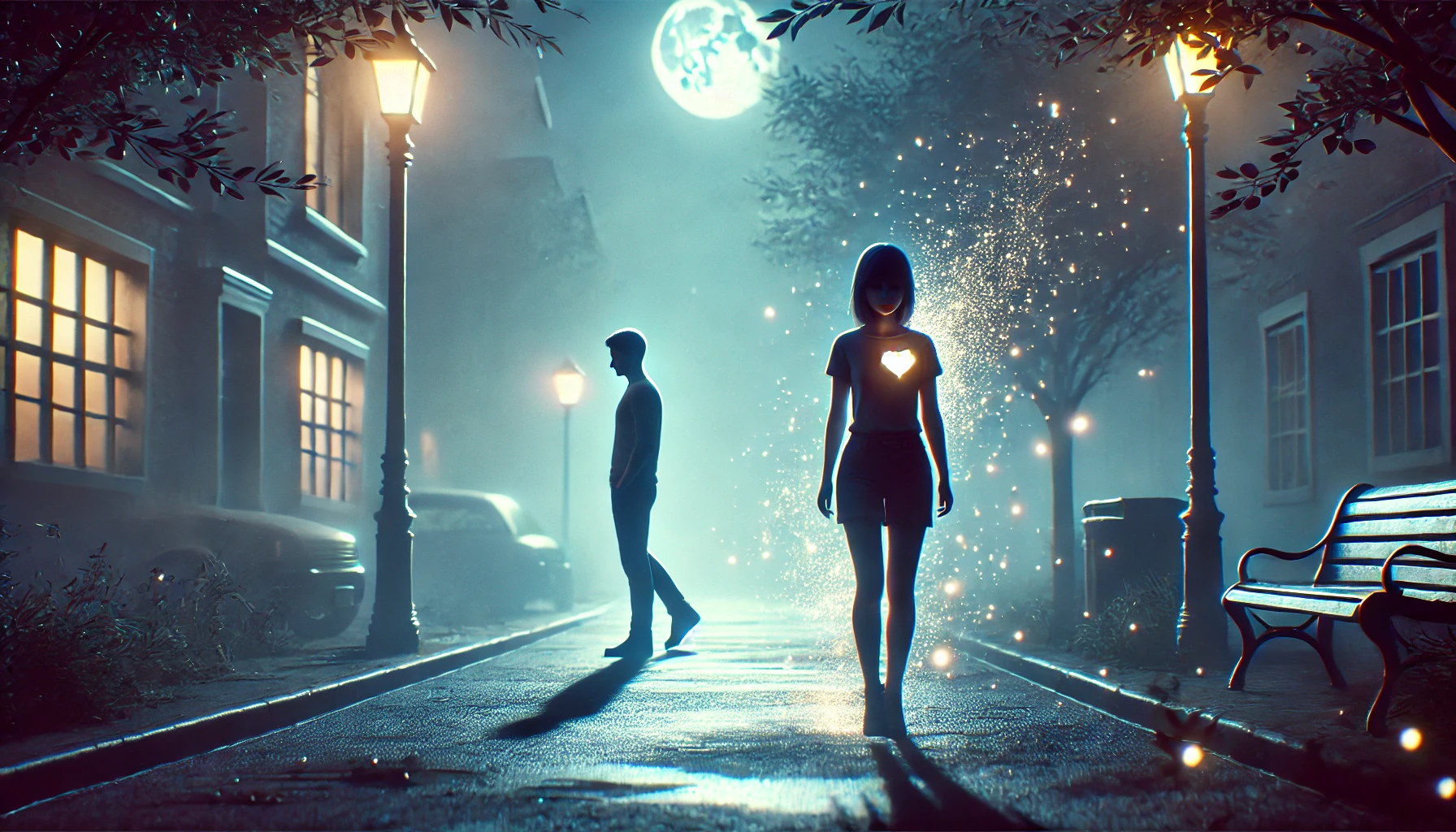 月夜の静かな通りで、立ち尽くす少女と彼女から遠ざかる男性のシルエット。淡く消える光粒子が記憶と別離を象徴する感傷的な情景。