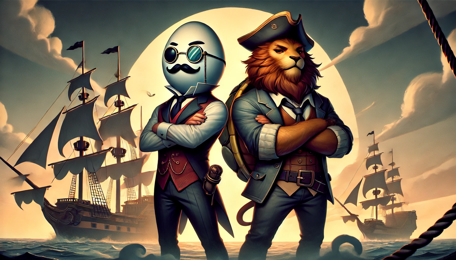 タマゴ男爵とペコムズが海賊船の前に並び立つ姿。両者とも格式あるスーツ姿で、海賊団の幹部としての威厳を示している。