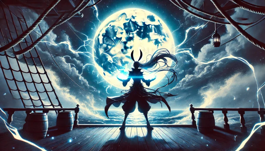 満月の下、電撃をまとったウサギの耳を持つ戦士がシルエットとして描かれ、幻想的な海上での戦闘シーンを表現したアニメ風ファンタジーイメージ