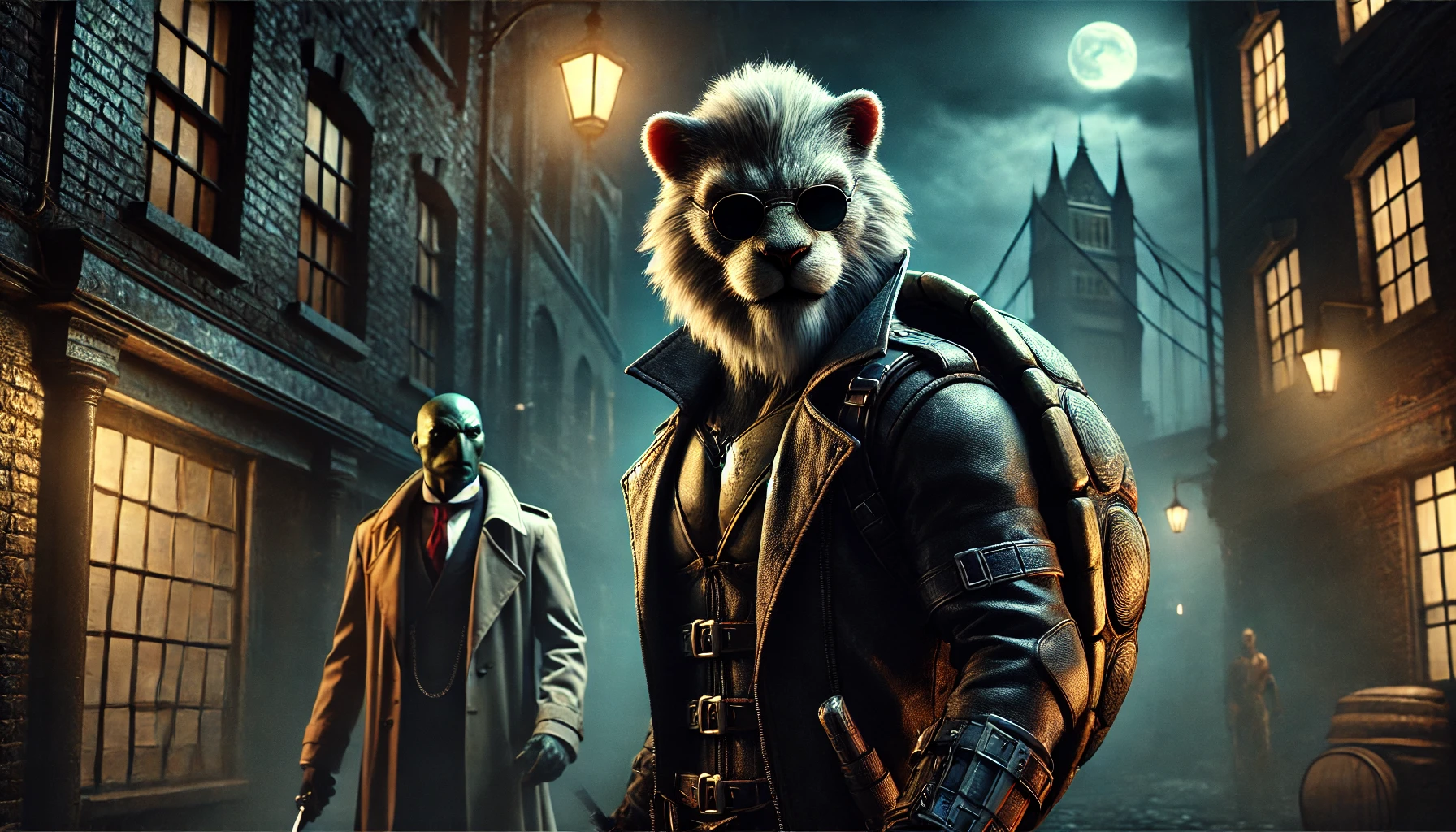 スーツ姿のライオン型戦士が夜の港町で警戒しながら立っており、背後には影の人物が潜む不穏な空気の場面。