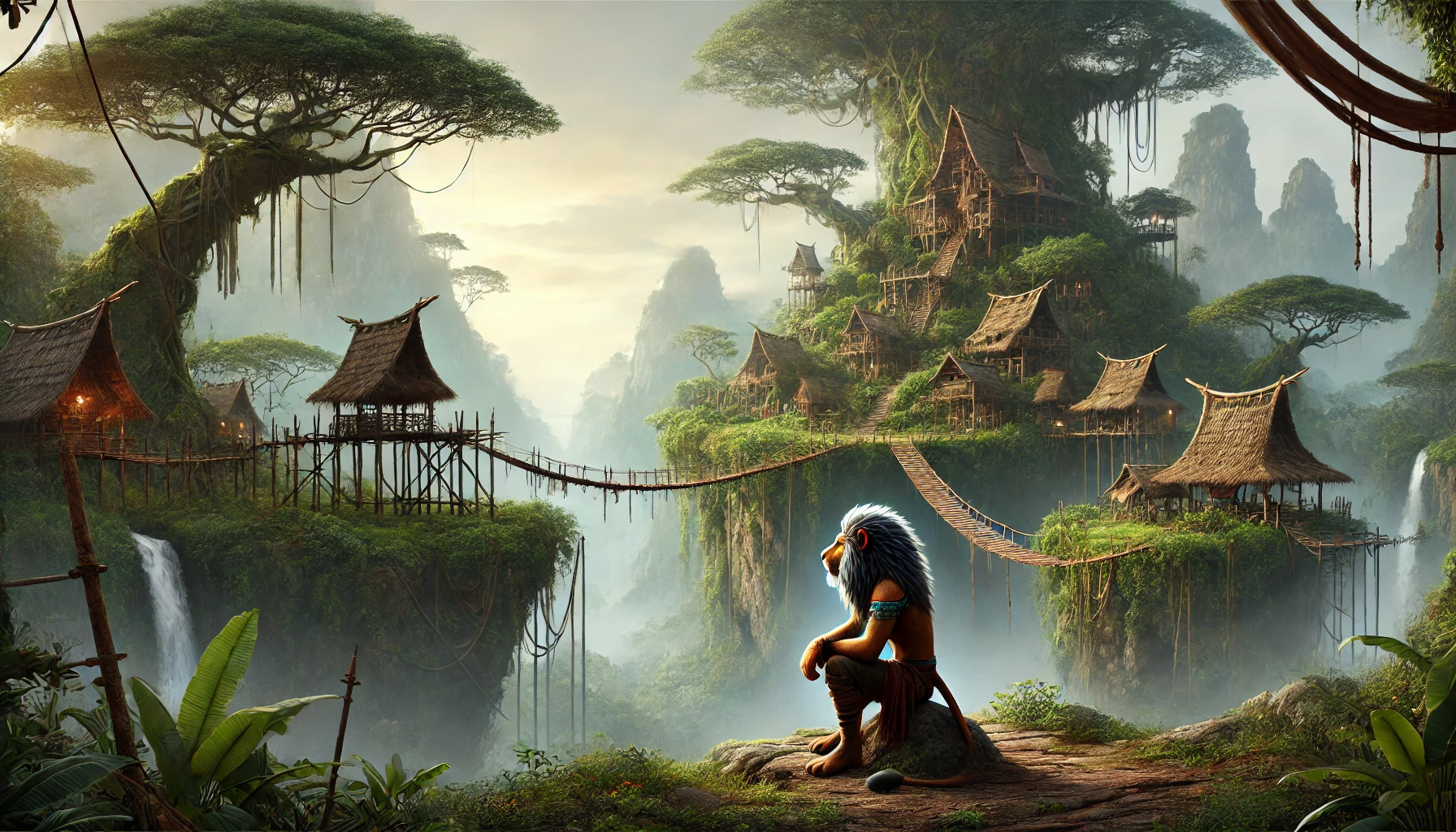 巨大な象の背中に築かれた密林の村を見つめるライオン型戦士。霧に包まれた緑豊かな風景が故郷への想いを象徴している。