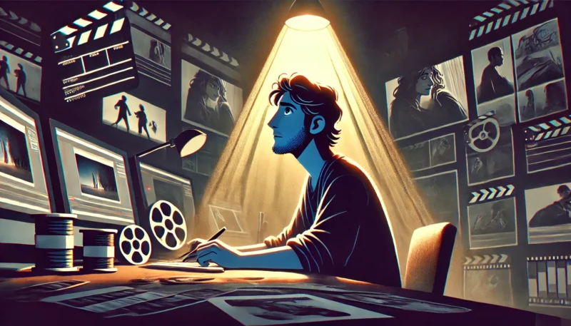 薄暗い編集室で、自作のアニメ映像に見入る映画監督の象徴的なシーン