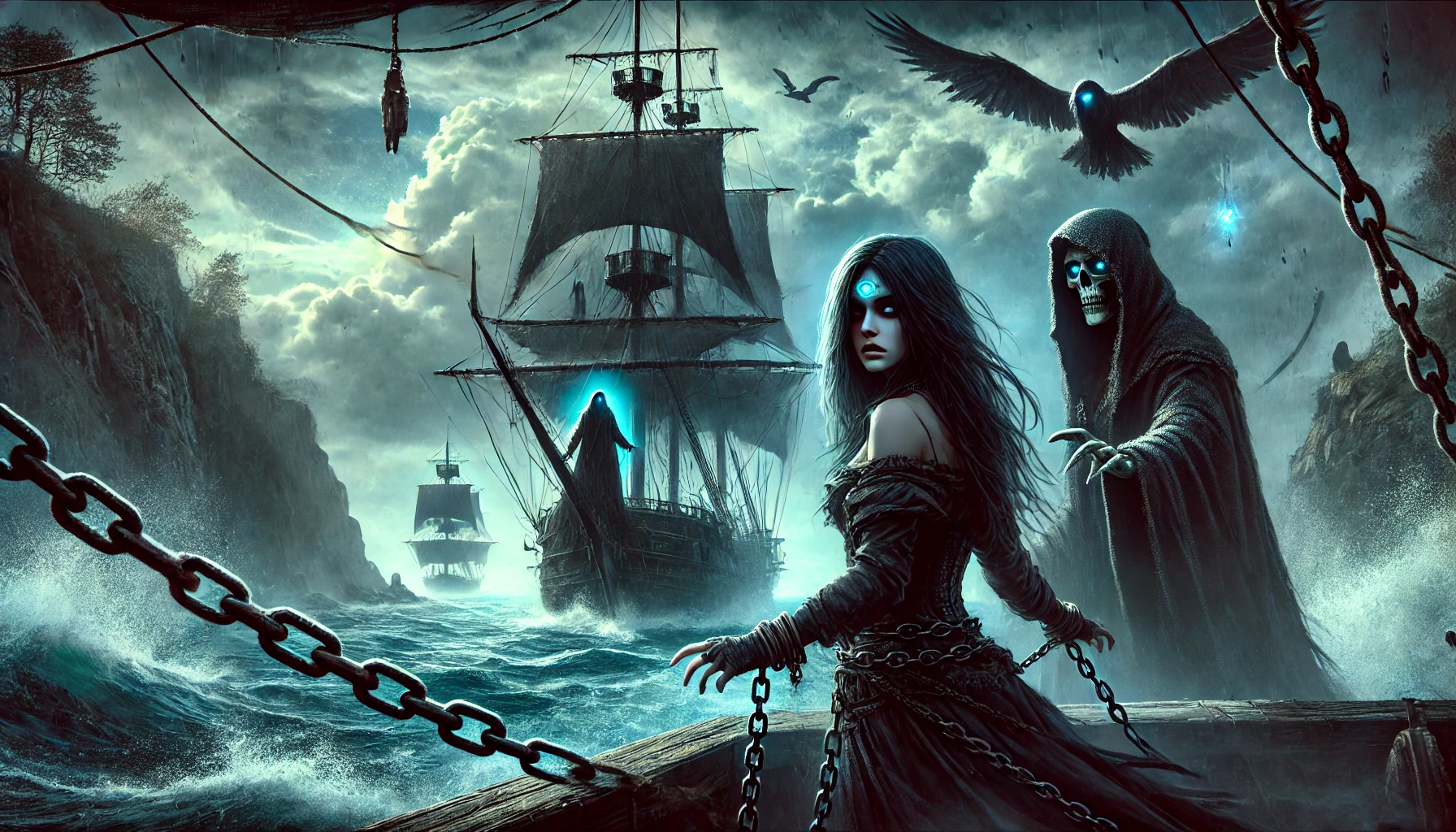 暗い霧に包まれた島に接近する不気味な海賊船と、鎖に囚われた三つ目の少女。幻想的で緊迫感のあるハイファンタジー風海賊世界の描写。