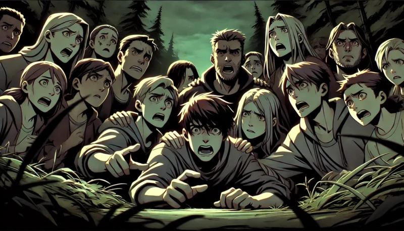 ワンピースのオマツリ男爵にあるトラウマシーン:森の中で緊迫した表情を浮かべる仲間たちが、怒りや困惑の中で対立する場面