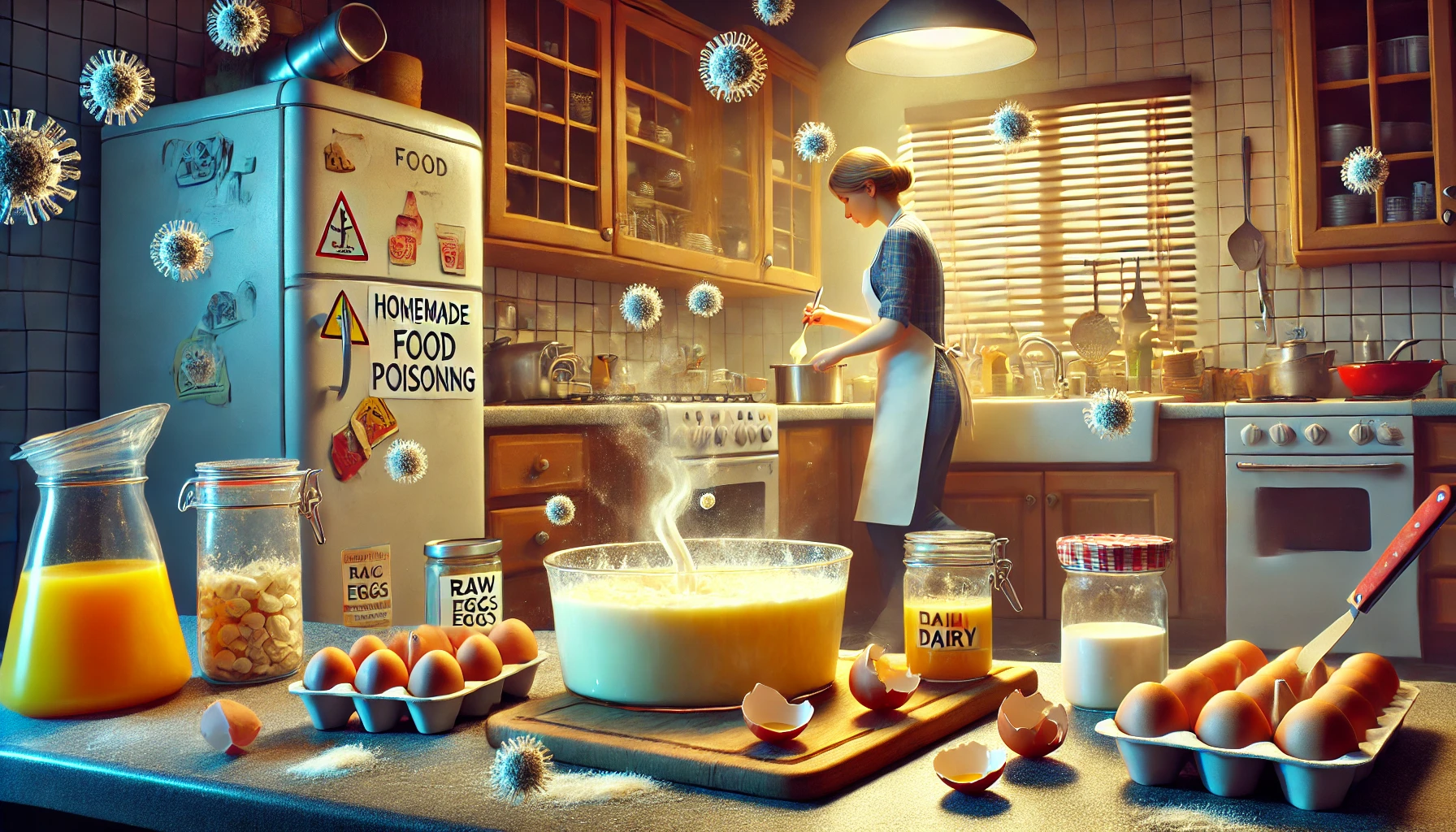 - 衛生状態の悪いキッチンで自家製プリンを作っている場面。放置された卵や牛乳、不潔な調理台が食中毒リスクを象徴している。