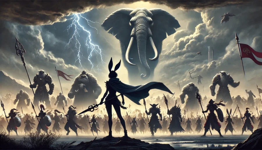 巨大な象と共に進軍する獣人軍団の先頭に立つ、マント姿のウサギ耳女性指導者のシルエット。嵐の中の大規模戦を描く壮大な構図。