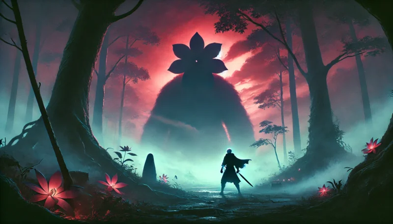 幽霊のような怪物と対峙する直前、霧の中で静かに立つヒーローのシルエット