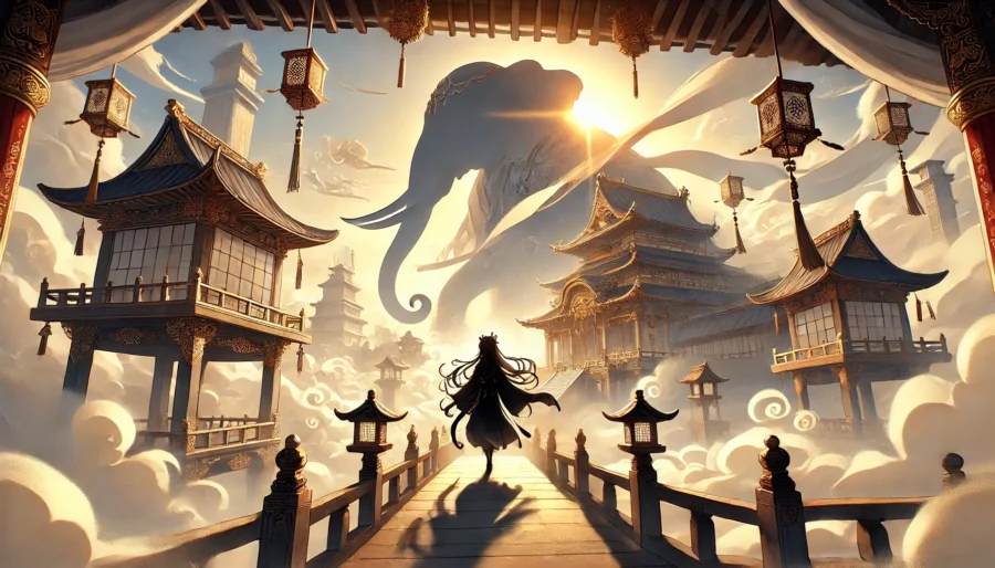 巨大な象の背に築かれた幻想的な王国を、高台から見下ろす若き女性統治者のシルエット。雲と光に包まれた神秘的な王国。