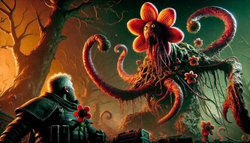 肩に花をつけた人物の背後に、不気味な触手をもつ影の怪物が佇む幻想的な怪奇シーン
