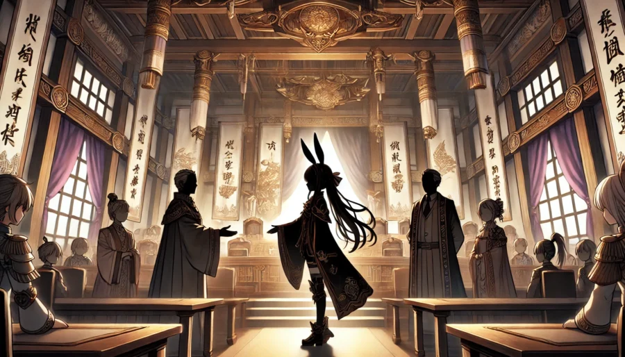 和風の豪華な大広間で、若き戦士が王に任命される荘厳な場面。ウサギ耳の女性と年配の人物たちがシルエットで描かれている。