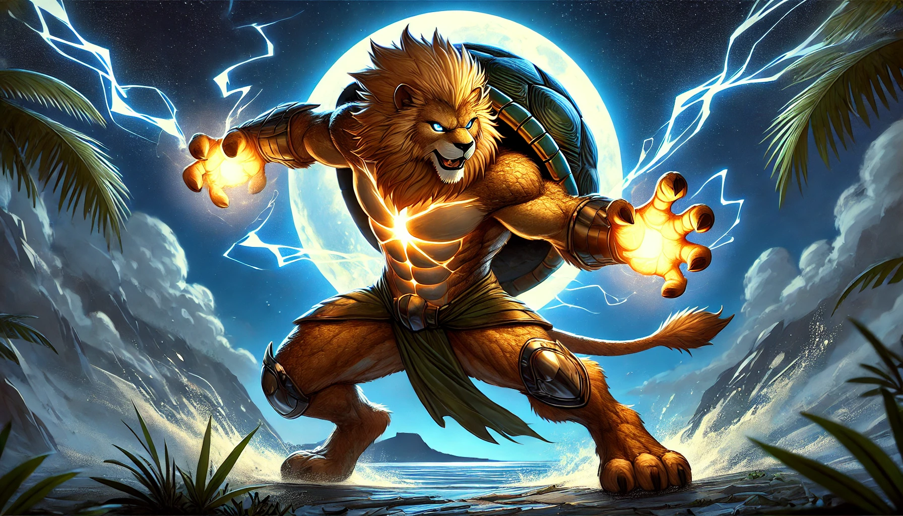 - スーロン化中のライオン型ミンク族戦士が満月の下で電撃をまとい、戦闘態勢をとる姿。背中のカメの甲羅と金色の毛並みが特徴。
