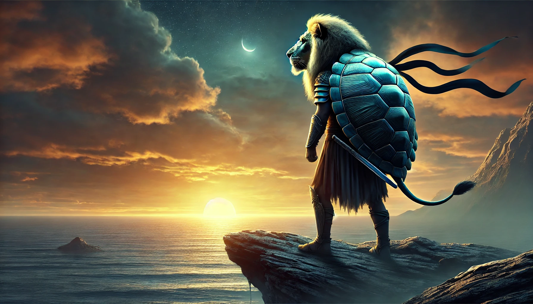 朝焼けの崖の上で海を見つめるライオン型戦士。過去と未来を見据える静かな希望のシーン。