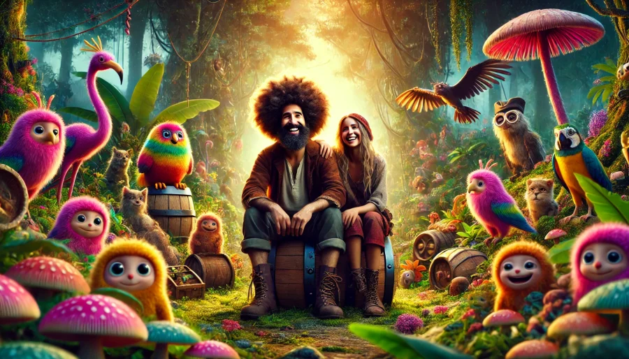 宝箱の男と樽の女性が並んで座り、珍獣に囲まれて穏やかな島で幸せそうに過ごす様子を描いた幻想的な風景。