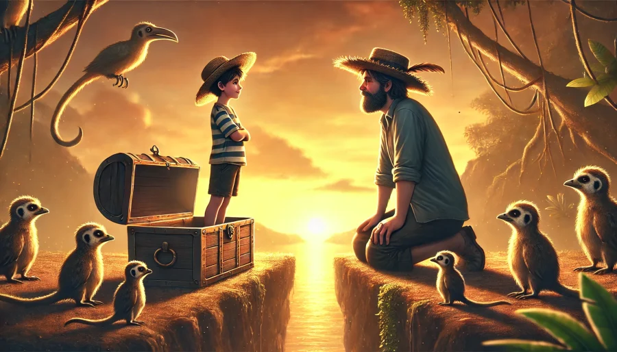 夕暮れの崖の上で、ストローハットの少年と宝箱にはまった男が向かい合い、無言の敬意を交わす感動的な瞬間のイラスト。