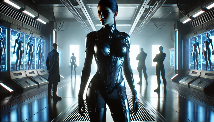 ハイテク施設内で裏切りを象徴する対立シーン。強気な女性の姿と、背後に驚く仲間たちのシルエットが緊張感を演出するビジュアル