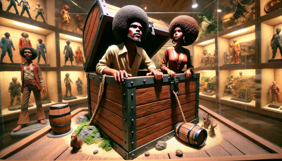 　宝箱の男と樽の女性を精巧に再現したフィギュアが、ジャングル風のディスプレイに飾られている様子を描いたイメージ。