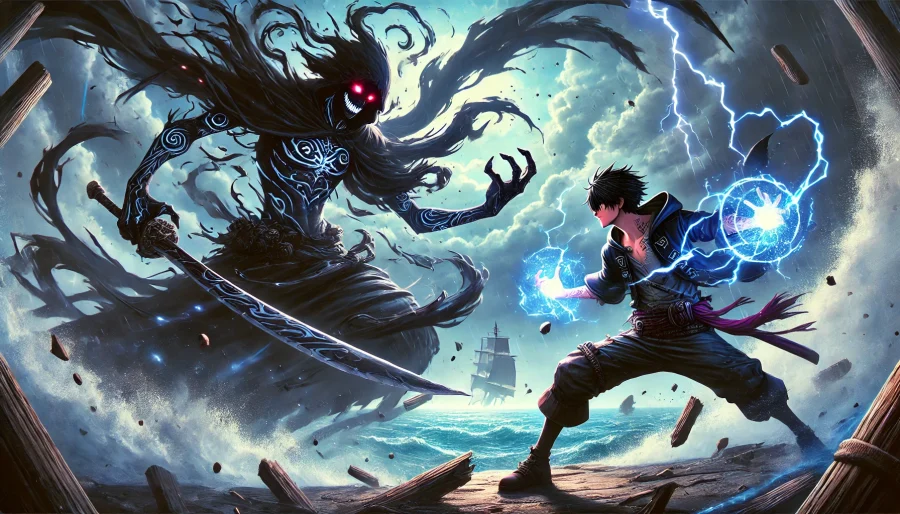 嵐の崖の上で激突する二人のオリジナル海賊キャラクター。闇を纏った巨漢と、青く輝く衝撃波を放つ戦士が激しい戦いを繰り広げる。