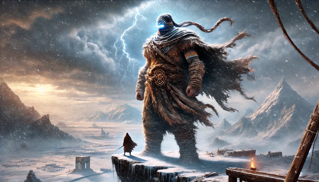 　　目隠しとボロボロのマントをまとった巨大な戦士王子が、雪の崖上から戦場を見下ろす神秘的なシーン。