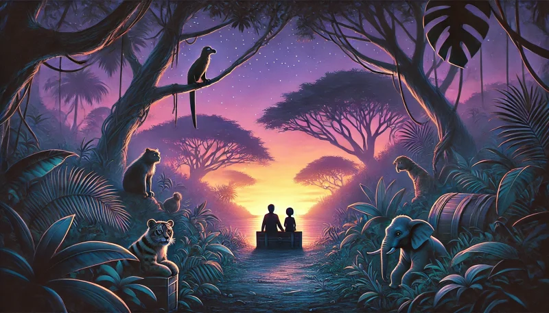 　夕暮れのジャングルの中で、宝箱の男と樽の女性が静かに寄り添い、珍獣たちと共に平穏な時間を過ごす幻想的な情景。