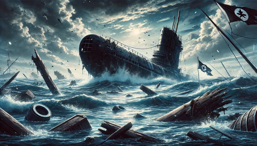 激しい嵐の海で沈みゆく潜水艦と、海に浮かぶ壊れた海賊旗。瓦礫が漂う中、海賊団の敗北を象徴する静かな絶望の情景。