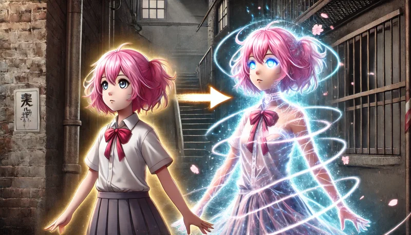 トシトシの実の能力で大人の姿に変身するピンク髪の少女と、子供の姿の自分を対比させた象徴的なSFアニメ風シーン（能力発動の瞬間）