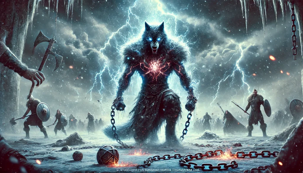 雪の戦場で封印を解かれた王子が巨大な狼のような姿に変貌し、闇のエネルギーを放ちながら周囲を威圧するシーン。