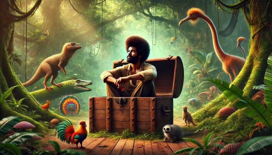 ジャングルの中で宝箱にはまった男が珍獣たちに囲まれて穏やかに過ごす様子を描いたシネマティックなイラスト。