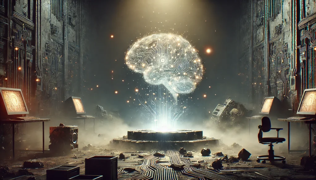 荒廃した研究所の上空に浮かぶ未来的なデジタル脳。破壊された機械の残骸と霧が漂う中、脳がほのかに輝き、肉体が失われても知識と意志が残り続けることを象徴している。