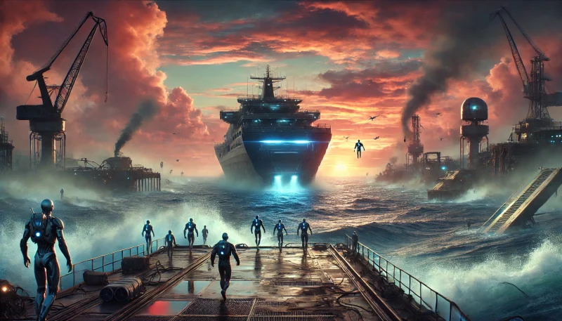 未来的な脱出船が荒れた海を進み、壊滅した島から生存者たちを運び去る希望の場面を描いたビジュアル