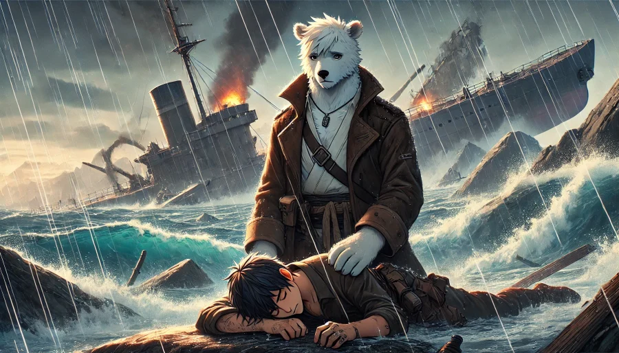 いの直後、雨の降る海岸で倒れた仲間を守るように立つ白いクマの海賊。背景には崩れた潜水艦と荒れる海が描かれ、戦いの余韻と緊張感が漂う。
