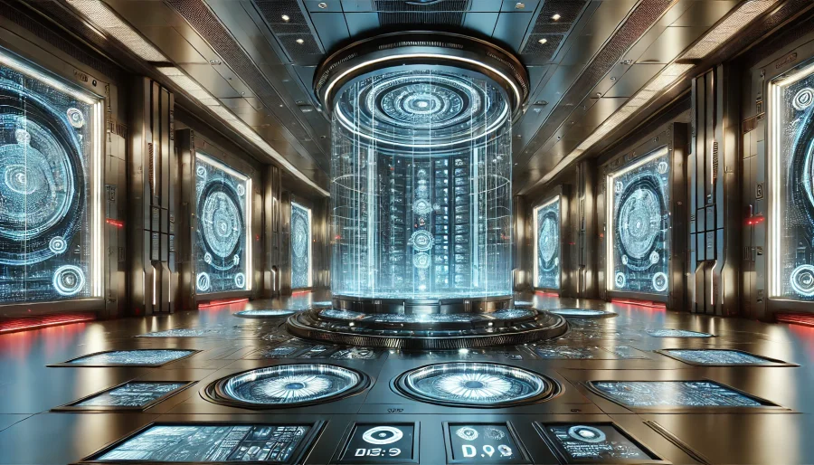 高度な科学知識が保存された未来的な記憶データ保管庫を表現したビジュアル。ホログラムや機械装置が光る知識継承の象徴