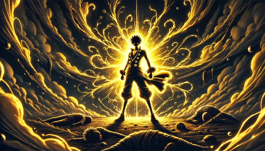 黄金の覇気を全身から放つ英雄的な海賊キャラクターが、暗闇の中で立ちはだかる姿。悪魔の実に頼らない究極の強さを象徴するアニメ風ビジュアル。