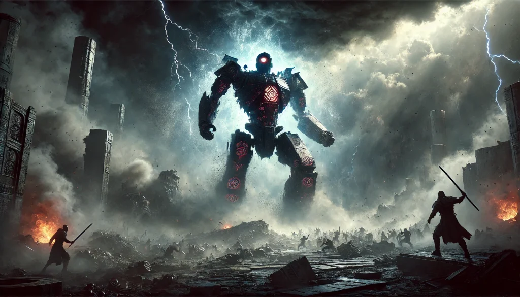 霧に包まれた古代の戦場で、地下遺跡から出現した巨大な鉄の巨人。赤く発光する模様と強大なエネルギー波を放ち、周囲の兵士が恐怖でひるむ壮大なシーン。嵐の空と舞い上がる砂塵が緊迫感を演出。