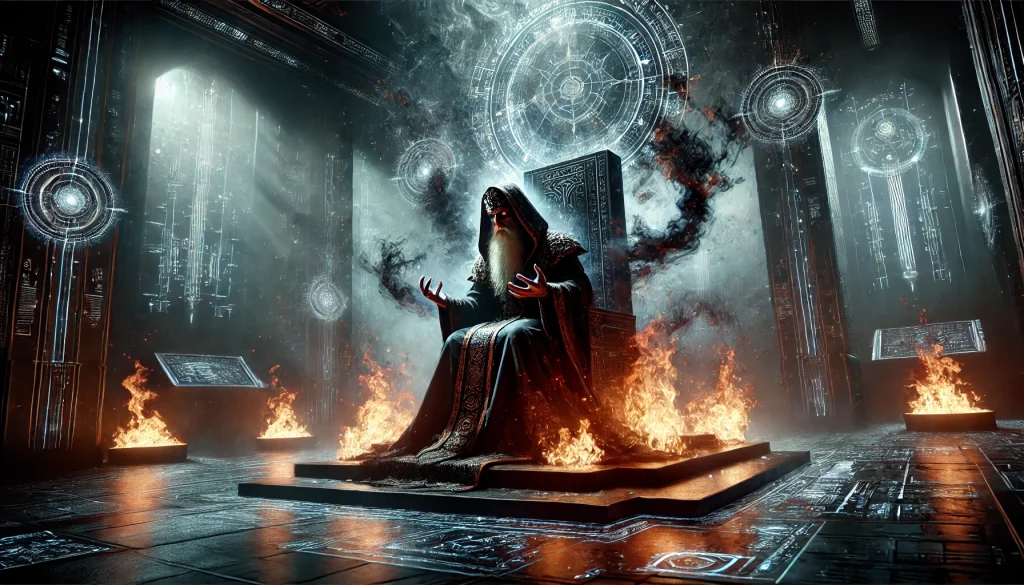 ハイテクな玉座の間で、黒い炎と影のエネルギーに包まれながら跪く古代の賢者風の人物。苦悶の表情を浮かべ、存在そのものが消されようとしている幻想的な場面。