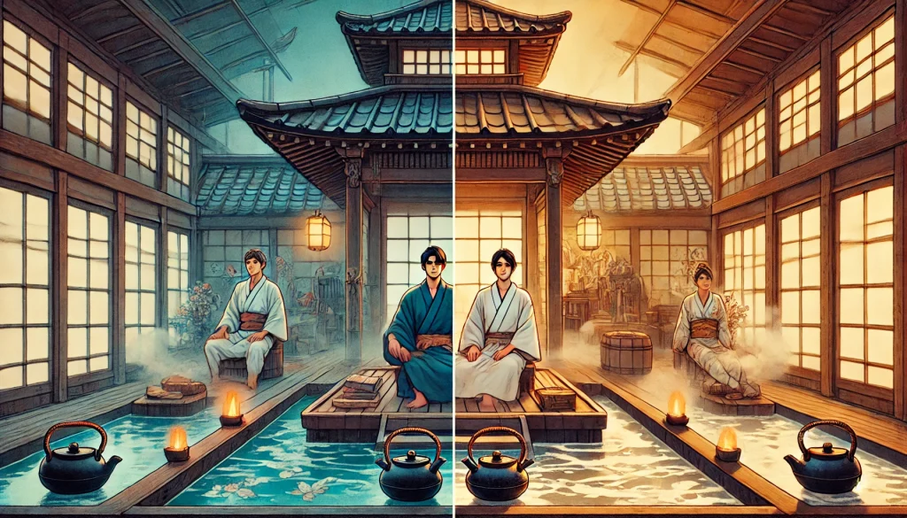 和風の浴場を左右に分け、左側に自信に満ちた男性的な人物、右側に穏やかな表情の女性的な人物が入浴する様子を対比的に描いた構図。