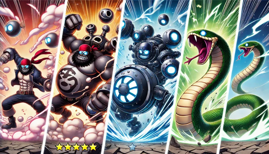 ギア4の3形態（バウンドマン、タンクマン、スネイクマン）を戦闘中に切り替えるアニメ風のバトルシーン。形態ごとの特性を視覚的に強調。