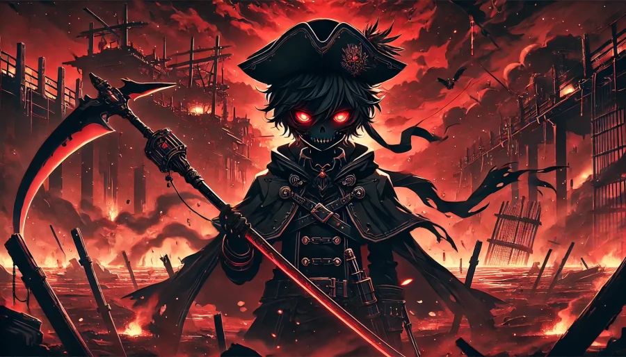 暗黒のオーラを纏い、赤い目と黒装束で立つ死神のような海賊キャラクター。崩壊した戦場を背景にした、ギア・デスを象徴するダークで緊迫感のある構図。