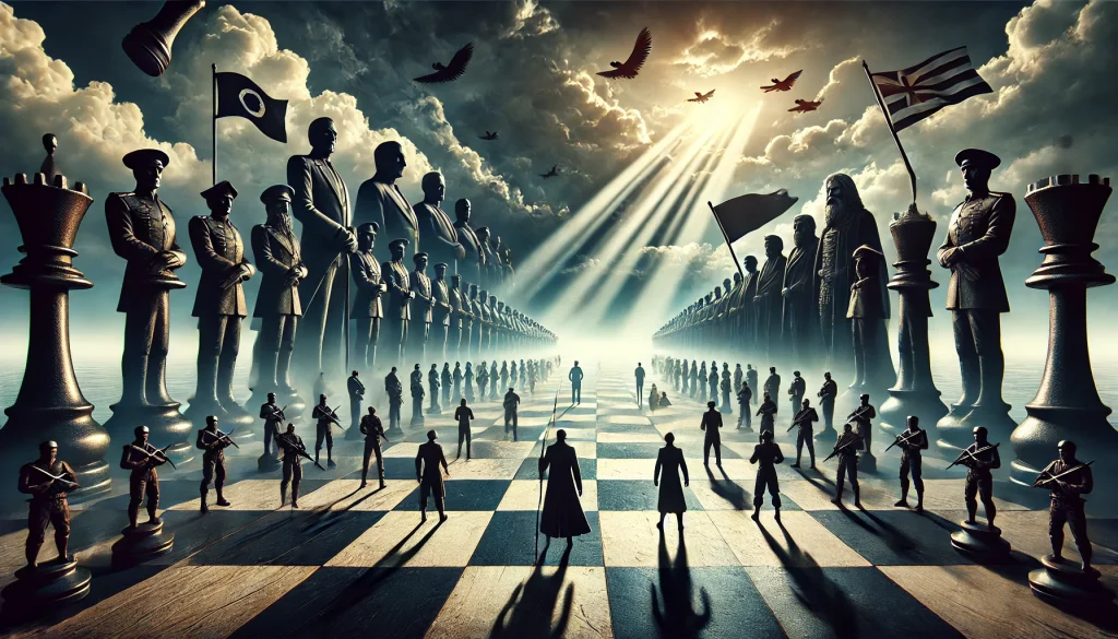 広大なチェス盤に展開される象徴的な戦いの場面。政府側を象徴する巨大な影のチェス駒と、それに立ち向かう小型の革命軍や海軍の駒たち。空は嵐に覆われ、光が差し込むドラマチックな終盤の構図。