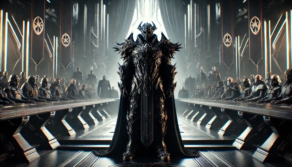 権威的な政府会議室の中央に立つ、黒く装飾された鎧をまとう威圧的な武人。背後には影のような助言者と近未来的な旗が並び、支配と軍事力を象徴する新たなリーダーの登場を表現しているシーン。