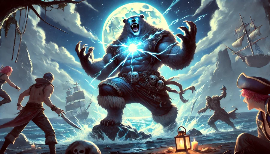 　満月の夜、光のオーラに包まれながら獣のような姿へと変身する白いクマ型の海賊。衝撃波で敵が吹き飛ぶ壮絶な瞬間。