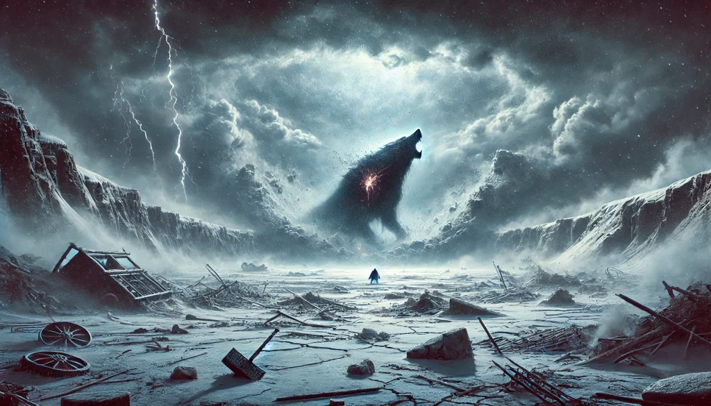 神話的な戦いの後、巨大なクレーターと雪原が広がり、狼のようなシルエットが吹雪の中に消えていく幻想的なシーン。