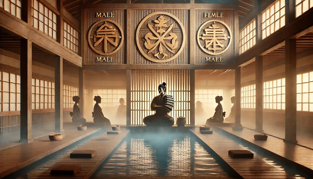 江戸風の浴場で、中央にある木の仕切りを挟んで、男湯側には侍風の人物が腕を組んで座り、女湯側には複数の女性シルエットが静かに湯船に入る様子が対照的に描かれている。