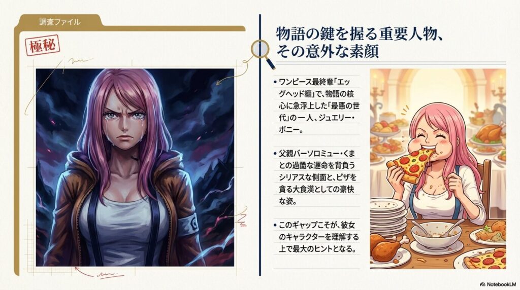 涙を流すシリアスなボニーのイラストと、ピザを頬張る笑顔のボニーのイラストが並び、キャラクターの二面性を表現したスライド。