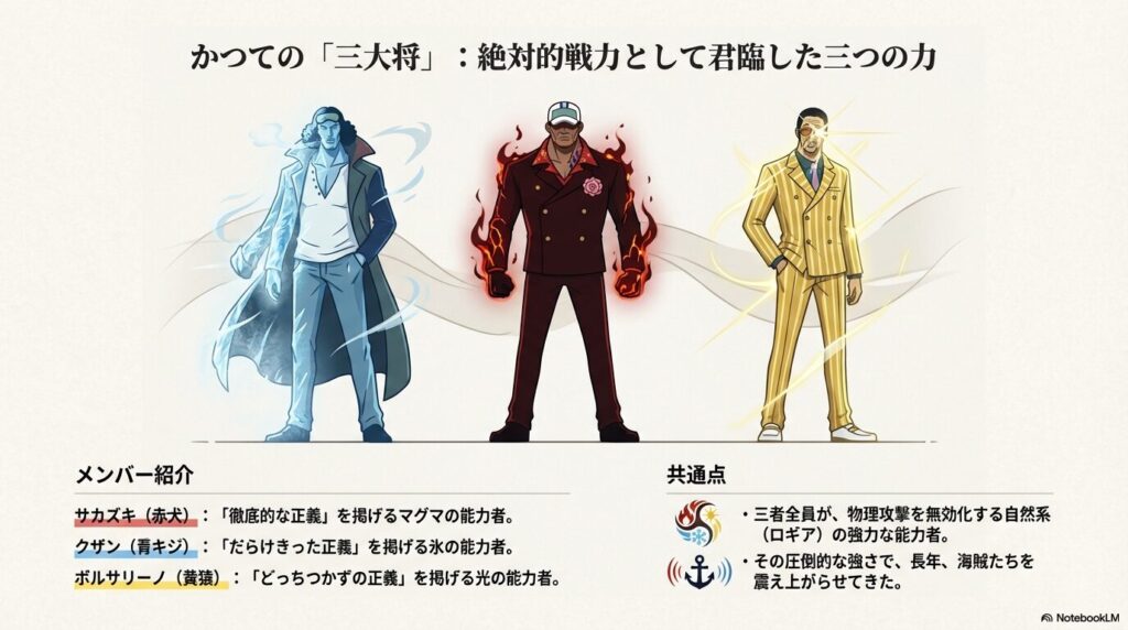 青キジ、赤犬、黄猿の3名が並び立つイラスト。「絶対的戦力として君臨した三つの力」というキャプション 。