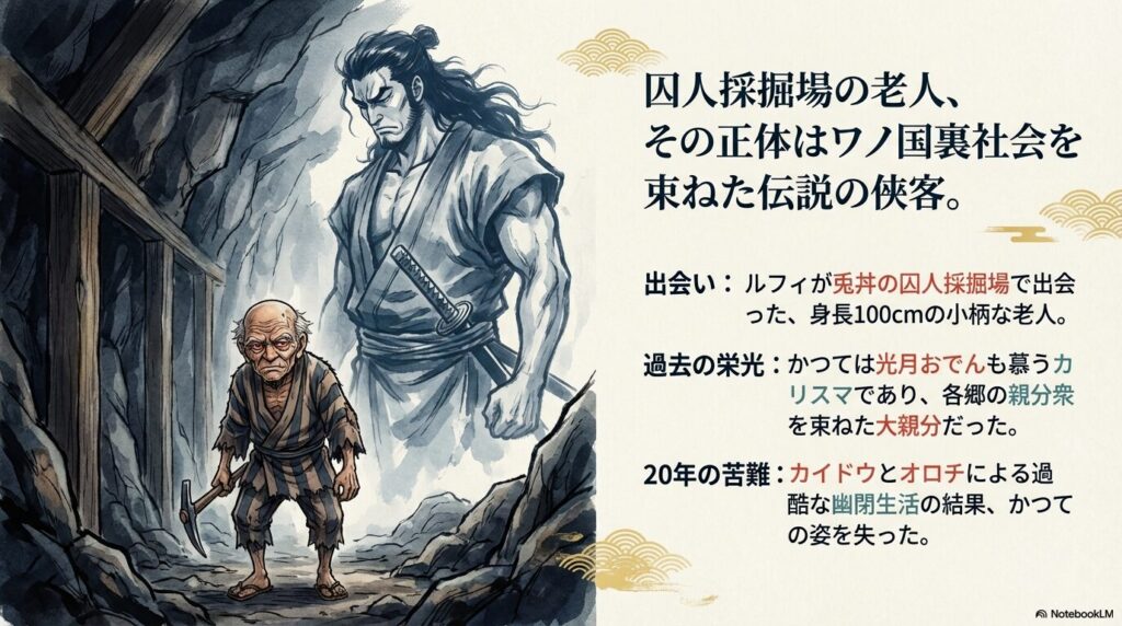 現在の100cmほどの小柄な老人の姿と、背景に映るかつての巨体の対比。カイドウとオロチによる20年間の幽閉生活の結果が描かれている 。