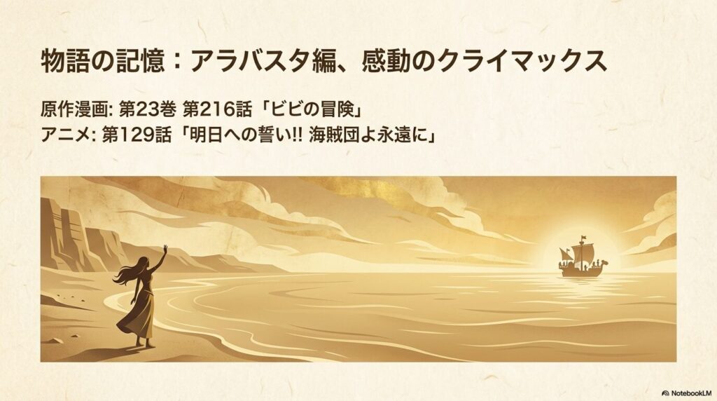 物語の記憶として、原作漫画第23巻第216話「ビビの冒険」と、アニメ第129話「明日への誓い!! 海賊団よ永遠に」を紹介するスライド。